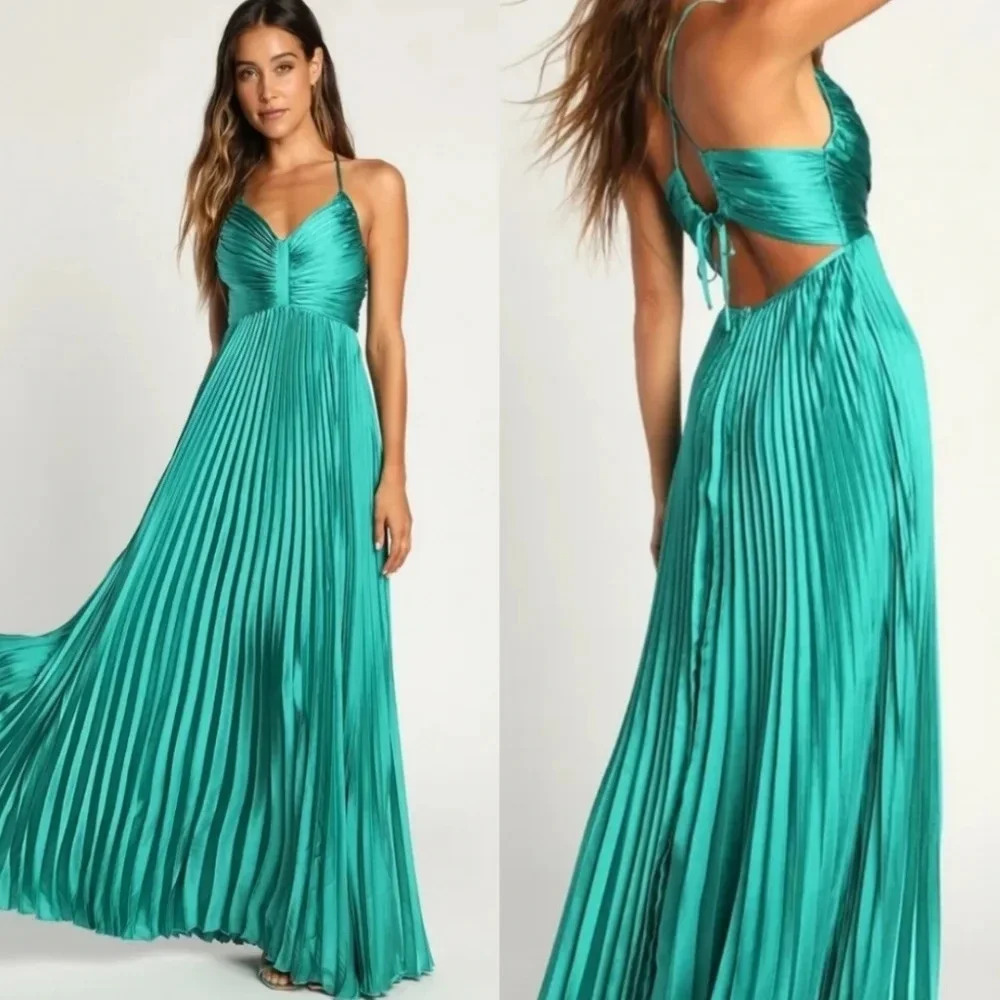 Lulus Dreaming in Color Green V-Neck Pleated Satin Maxi Dress Party Wedding Prom